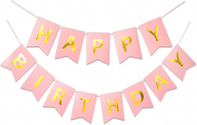 Letjolt Pink Happy Birthday Banner Girls Party Signs 13 Pcs | Golden Sparkle by Letjolt