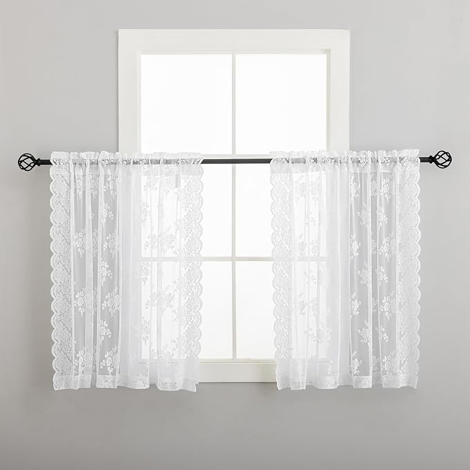 Kotile White Lace Kitchen Curtains Rustic Floral W42 x L30 Inch, 2 Panels | Rod - Image 6