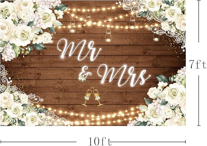 MEHOFOND 10x7ft White Floral Mr & Mrs Engagement Decorations Backdrop Couples - Image 4
