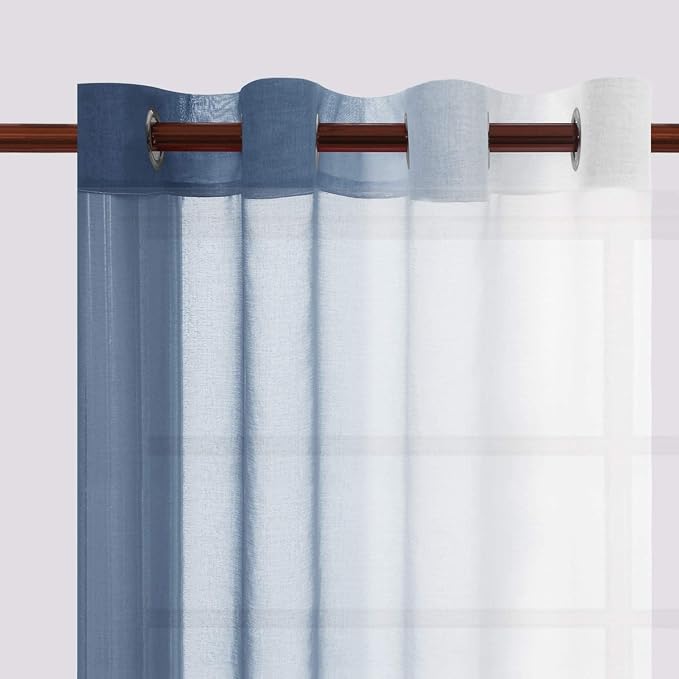 DWCN Blue Faux Linen Ombre Sheer Curtains - Image 4