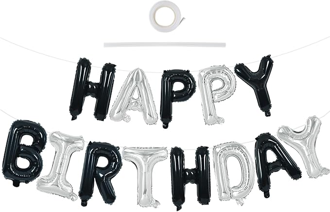 TONIFUL 16 Inch Black Silver Happy Birthday Balloon Banner Decor by TONIFUL