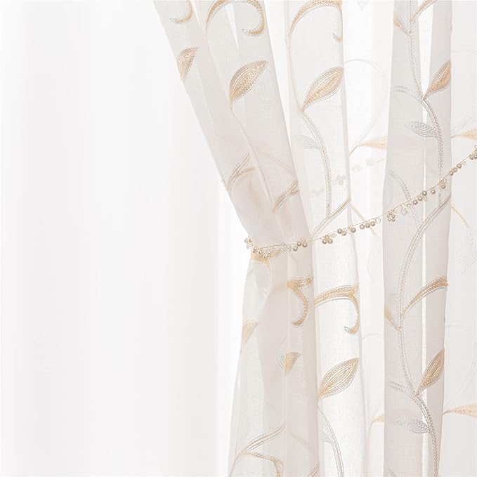 White Sheer Curtains Beige Embroidered Leaves 2 Panels 54Wx84L | Light - Image 4