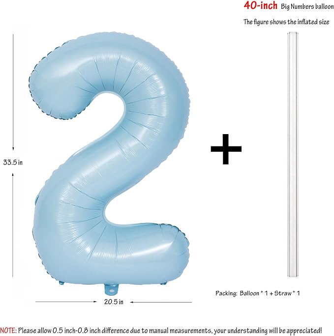 40 Inch Blue Number 2 Foil Balloon Light Blue Digital 2 Helium Balloon | - Image 2