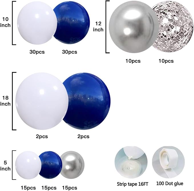 Navy Blue Silver Balloon Garland Kit, 131 Piece Assorted 5 10 12 18in Metallic - Image 4