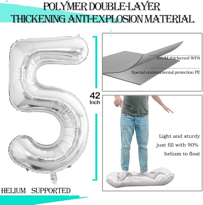 Silver Foil Balloons Number 5, Huge Number Balloons - Image 3