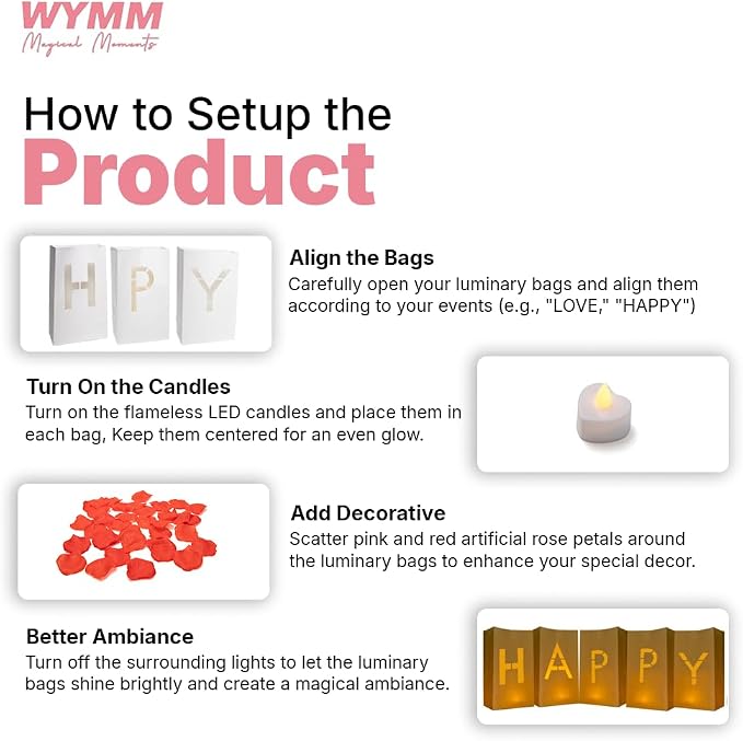 WYMM Happy Valentines Day Light Up Letters, Tea Lights & Rose Petals | luminary - Image 6