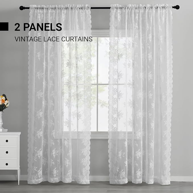 Kotile White Lace Curtains for Living Room Floral 52 x 84 Inch, 2 Panels | Rod - Image 7