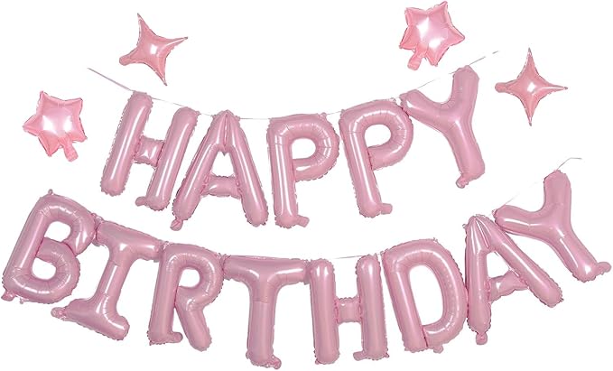 Pink Happy Birthday Balloons Banner Sign Mylar letter Party Decoration | by xiangsushijie