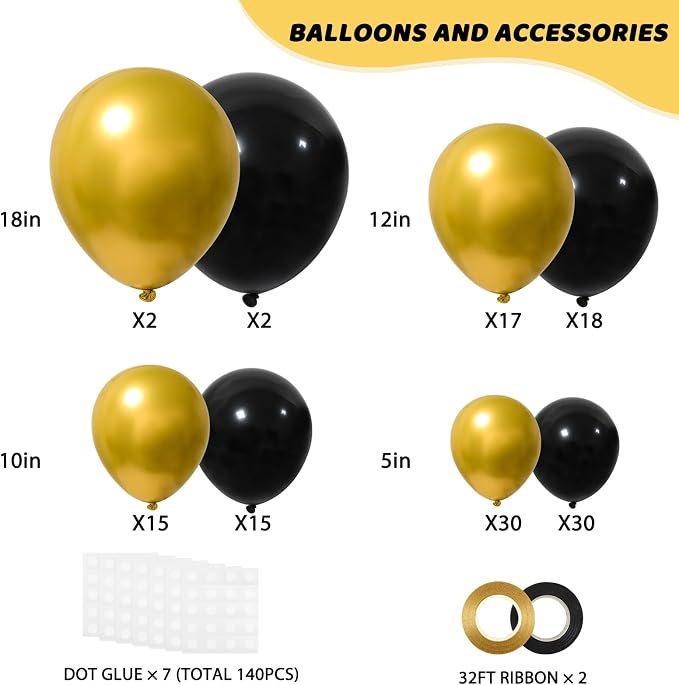 RUBFAC Black and Gold Balloons 129pcs Different Sizes 18 12 10 5 Inch | Latex - Image 2