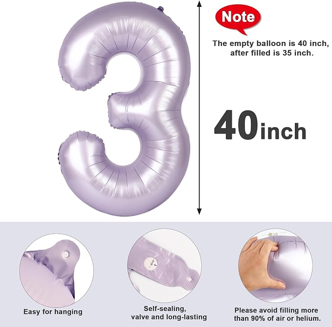 Number 3 Balloons 40 Inch for 3rd 33 Birthday Decorations, Cream Purple | Jumbo - Image 5