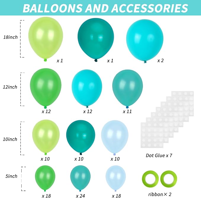 RUBFAC 129pcs Blue Green Balloons Different Sizes 18 12 10 5 Inch - Image 2