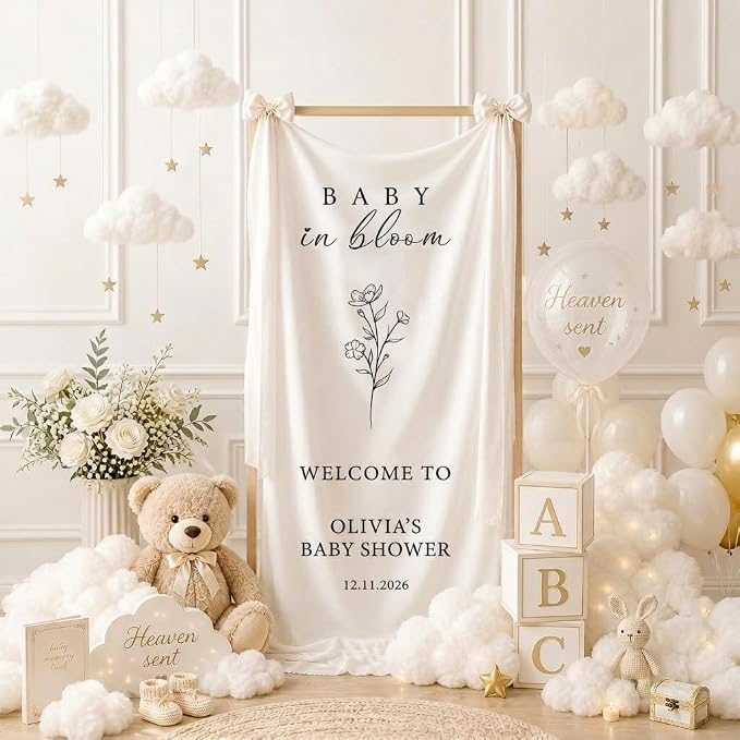 Personalized Baby in Bloom Baby Shower Fabric Welcome Sign Linen Backdrop | - Image 3
