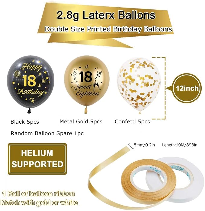 Black Gold 40th Birthday Balloons Pack of 15 Men Women Happy 40th Birthday - Image 2