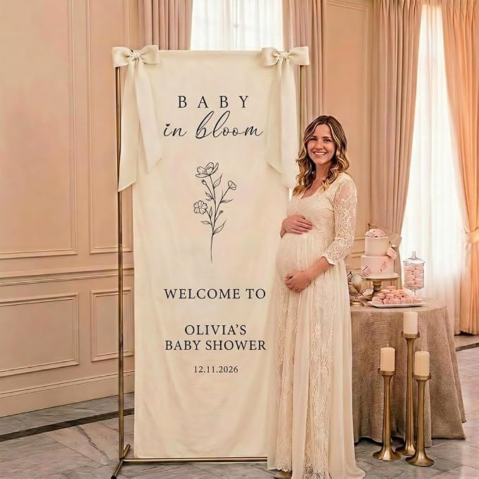 Personalized Baby in Bloom Baby Shower Fabric Welcome Sign Linen Backdrop | - Image 2