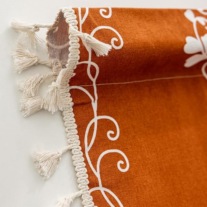 F-CHU Burnt Orange Floral Curtains Bohemian Drapes 72 Inch Length Cotton Linen - Image 6