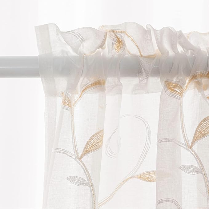 White Sheer Curtains Beige Embroidered Leaves 2 Panels 54Wx120L | Light - Image 2