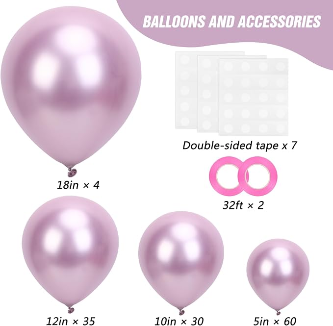RUBFAC Metallic Mauve Pink Balloons 129pcs Different Sizes Balloon Arch | Latex - Image 2