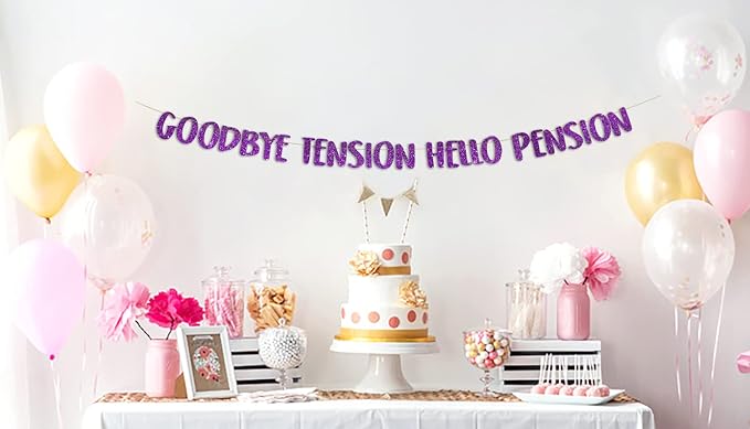 Pre-Strung Goodbye Tension Hello Pension Purple Glitter Banner - Image 2