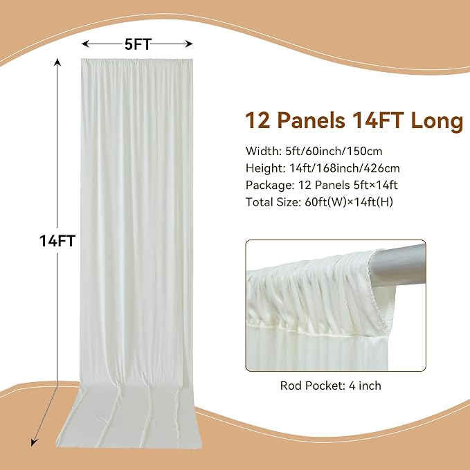 60×14ft Wrinkle Free Ivory Backdrop Curtain, Soft Silky Easy to Drape Cream - Image 2