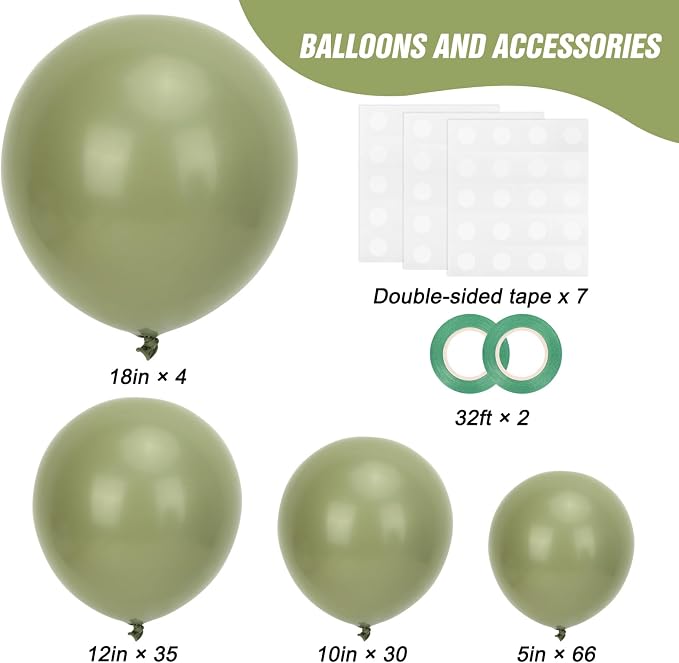 RUBFAC 135pcs Sage Green Balloons, Latex Olive Dusty Green Balloon Different - Image 2