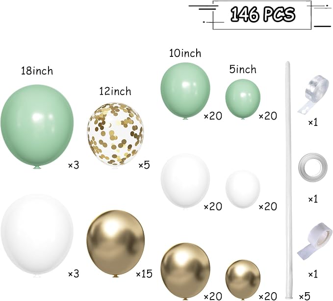 MEBAY Sage Green White Gold Balloon Garland Arch Kit - Image 2