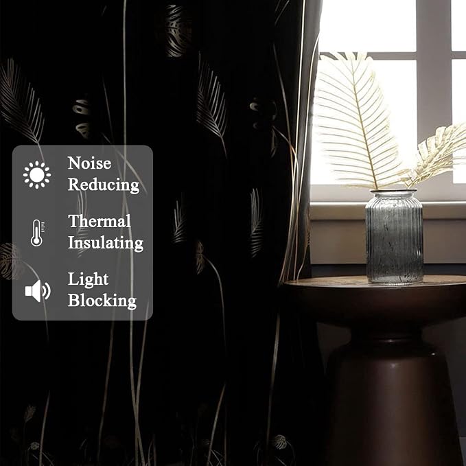 Wide Blackout Curtain for Sliding Door 100W x 96L Inch Gold Print Palm Thermal - Image 6
