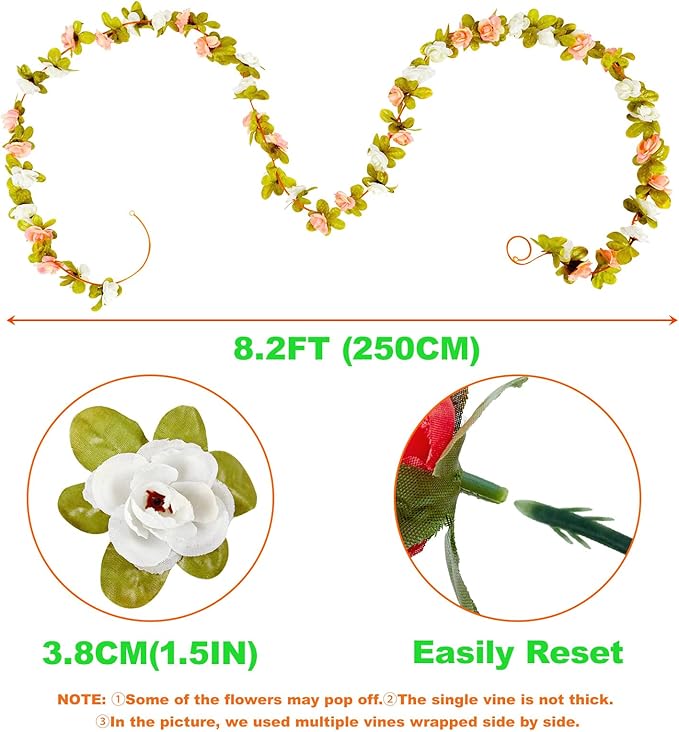 Artificial Flower Garland 8pcs 8.2ft Rose Vine Decor, Champagne Flower | - Image 7