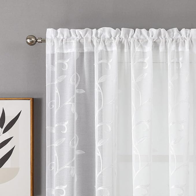 White Sheer Curtains Embroidered Leaves 2 Panels 54Wx108L | Light Filtering - Image 3