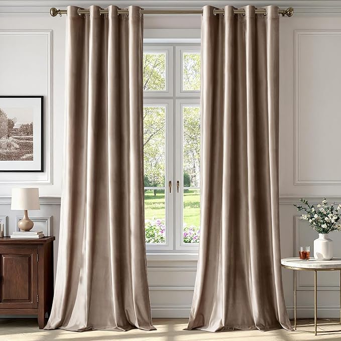 BULBUL Taupe Velvet Blackout Curtains 102 inch Long by ModernShinyVelvetCurtains