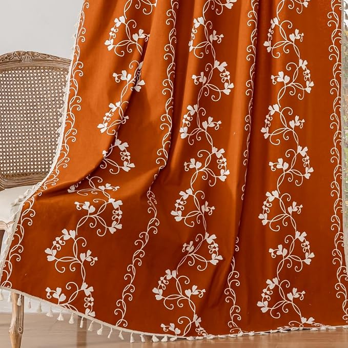 F-CHU Burnt Orange Floral Curtains Bohemian Drapes 72 Inch Length Cotton Linen - Image 3