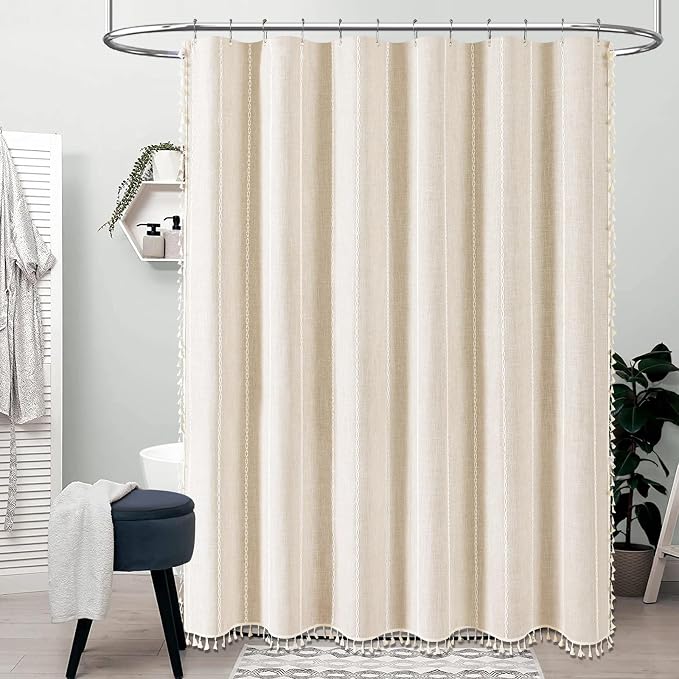 72 x 80 Boho Linen Heavy Duty Cloth Shower Curtain Set, Cream/Beige | Long Size - Image 6