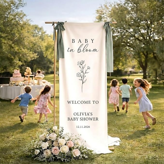 Personalized Baby in Bloom Baby Shower Fabric Welcome Sign Linen Backdrop | - Image 4