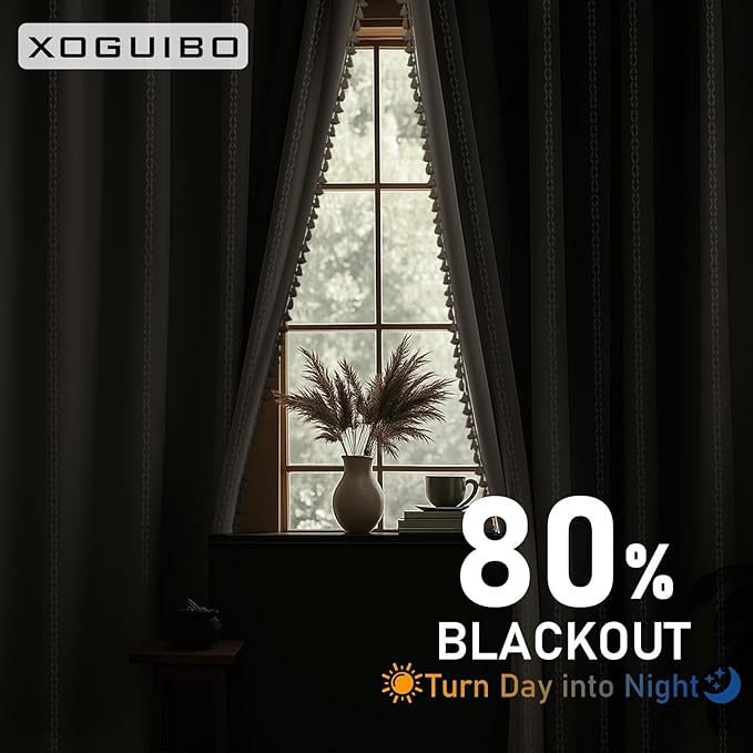 80% Boho Blackout Curtains 63 Inch Linen Blend Drapes 2 Panels | Vintage - Image 4