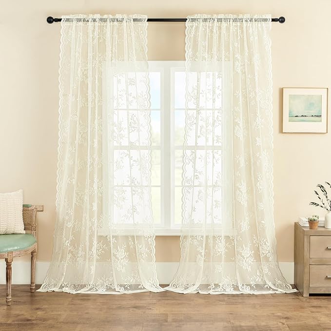SEEKRIGHT Victorian Floral Lace Curtains, Light Filtering, Semi-Sheer, by SEEKRIGHTHomeDecor