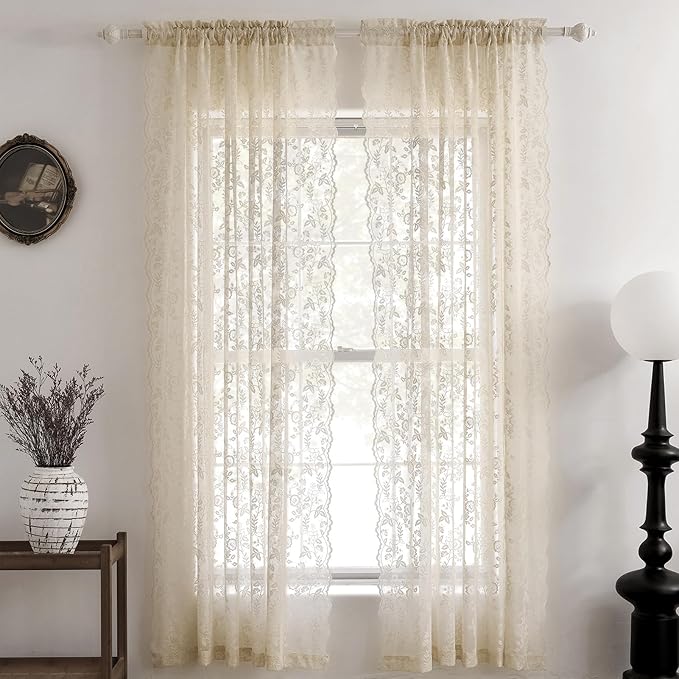 FINECITY Beige Lace Curtains Rustic Leaf Floral 42 x 84 Inch, 2 Panels | Rod - Image 2