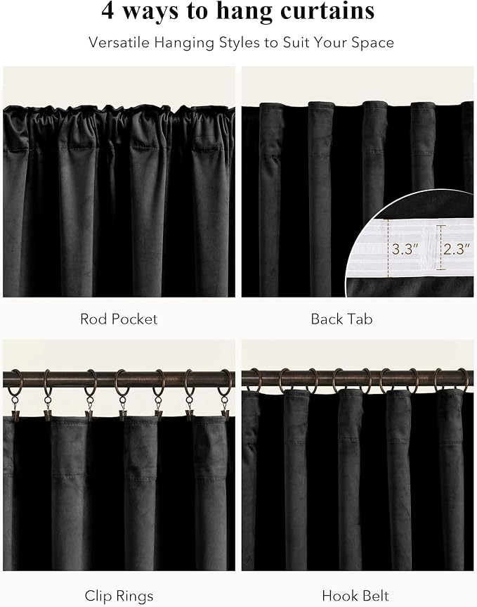 Blackout Black Velvet Curtains for Home Theater, 2 Panels | 300GSM Soft Velvet - Image 2