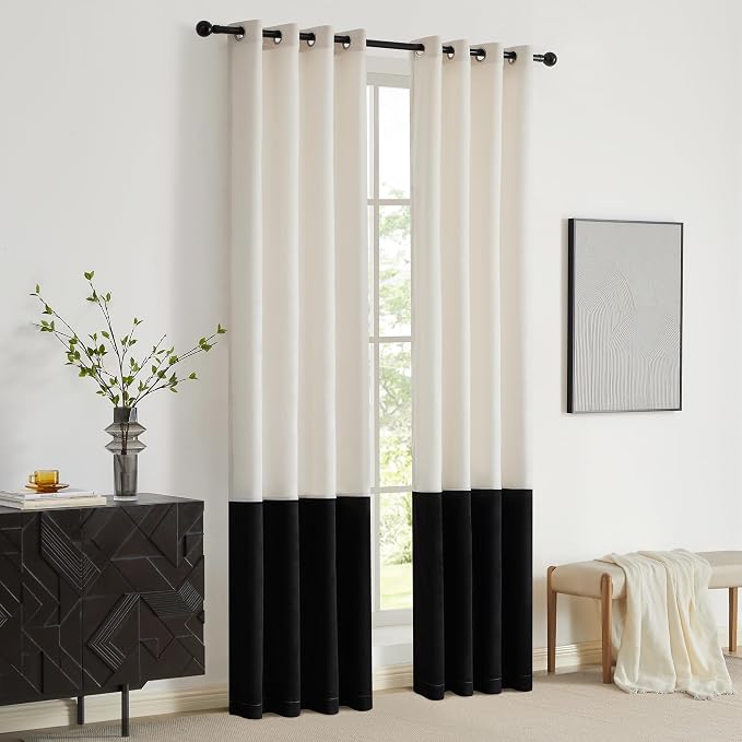 Modern Cream White Black Decorative Velvet Curtains 120 inches 2 Panels | Color - Image 6