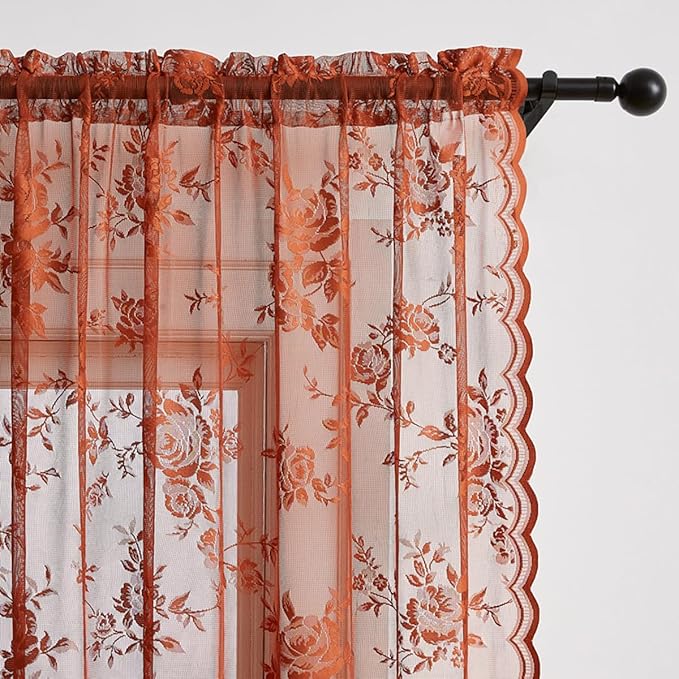 Terracotta Lace Curtains 84 Inches Long Country Rustic Floral Sheer Curtains - Image 4