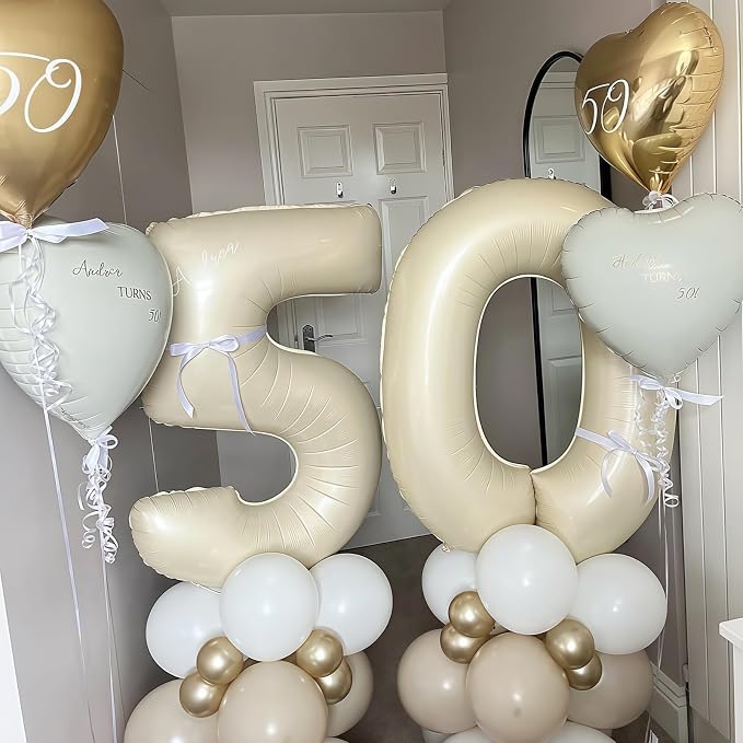 Cream Number 50 Balloons, 40 Inch 50 Balloons Giant Helium Foil Mylar Beige 50 - Image 2