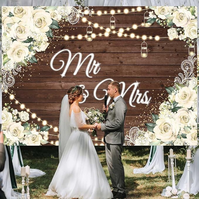 10x7ft Floral Mr and Mrs Engagement Decorations Backdrop White Flowers Wooden - Image 5