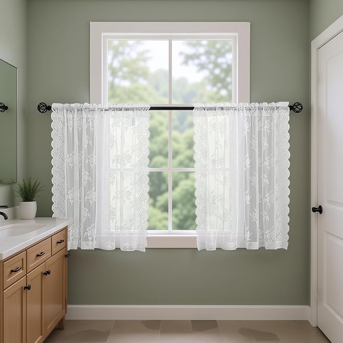 Kotile White Lace Kitchen Curtains Rustic Floral W42 x L30 Inch, 2 Panels | Rod - Image 4