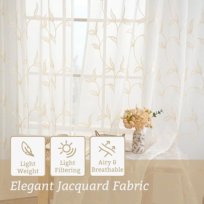 Sheer Curtains Boho Leaf Floral Embroidered Cream Beige 54Wx54L | Light - Image 3