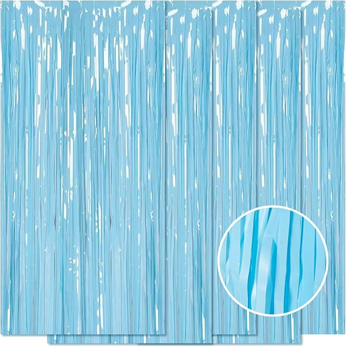 5 Pack Blue Foil Curtain Backdrop 3.2ft x 8.2ft Tinsel Foil Fringe Curtains by Ohiyoo