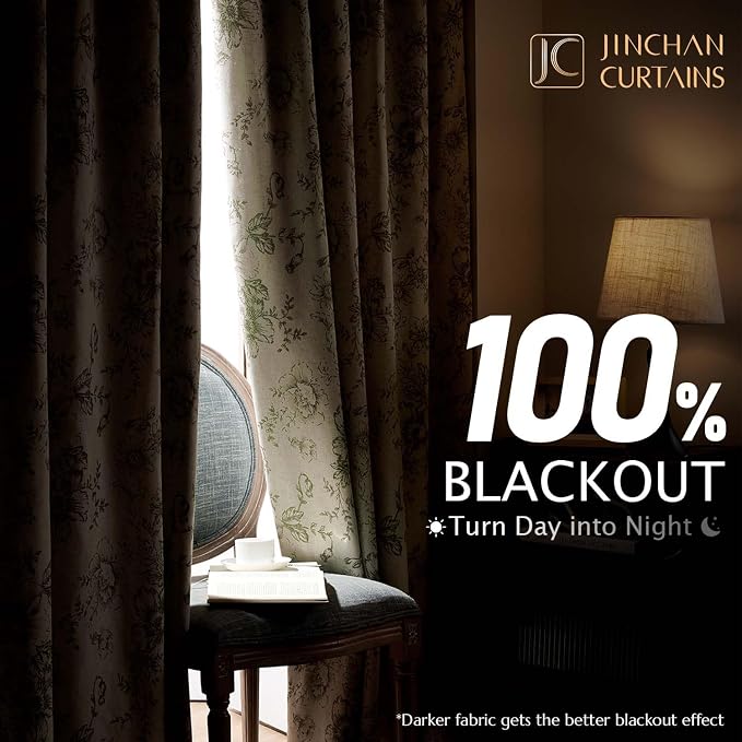 jinchan Green Floral Linen Blackout Curtains 90 Inch Back Tab 2 Panels | - Image 2