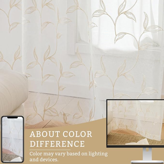 Sheer Curtains Boho Leaf Floral Embroidered Cream Beige 54Wx54L | Light - Image 7
