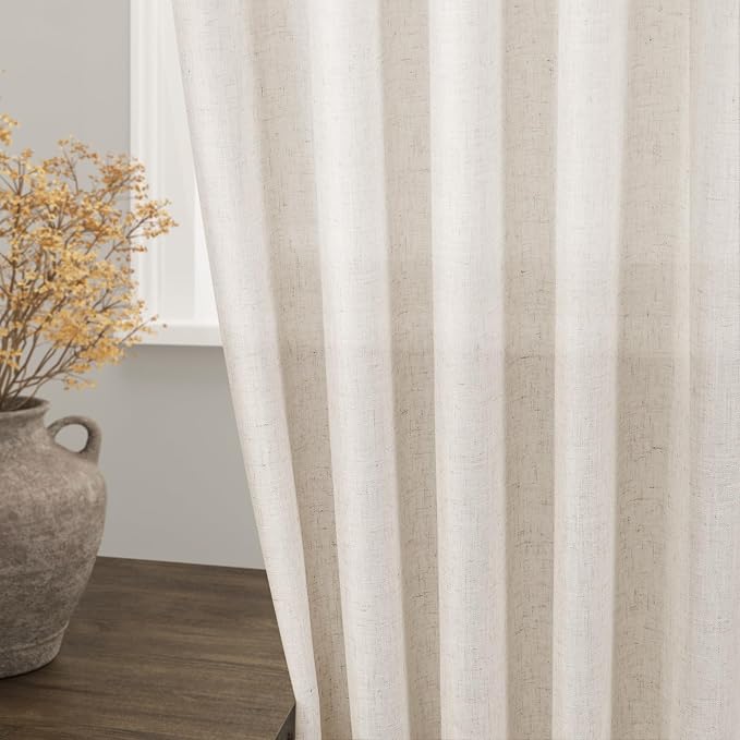 Beige Linen Curtains 96 Inches Long 2 Panels Set Back Tab Rod Pocket Semi Sheer - Image 2