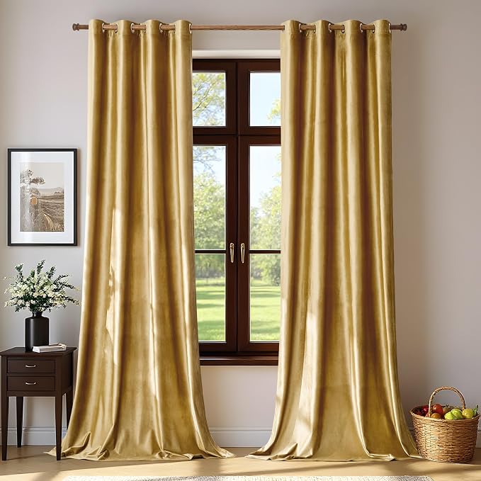 BULBUL Velvet Gold Curtains 72 inch Length- Living Room Blackout Thermal Window by ModernShinyVelvetCurtains