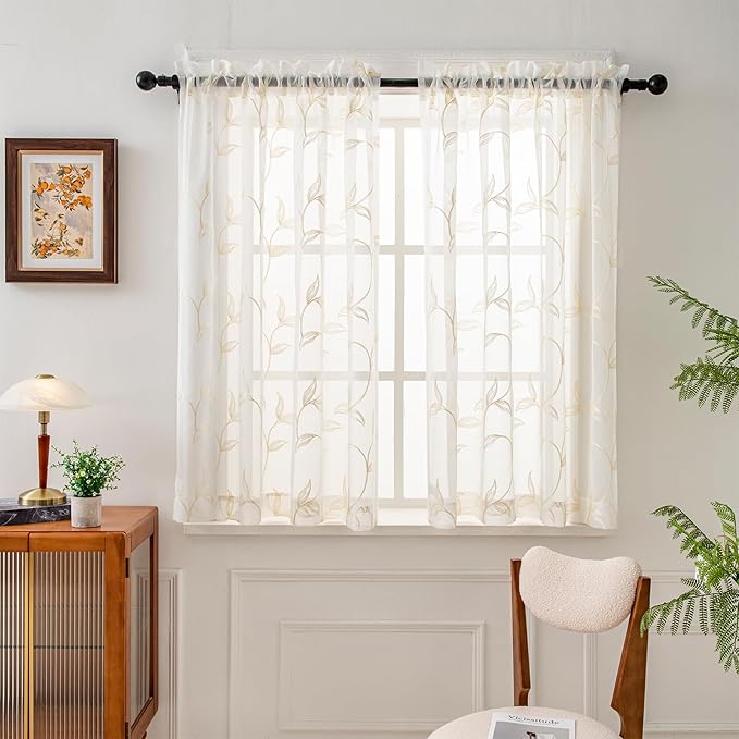 Sheer Curtains Boho Leaf Floral Embroidered Cream Beige 54Wx54L | Light by VISIONTEX