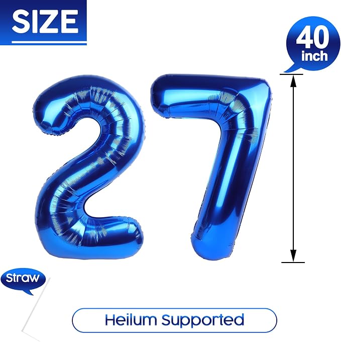 27 Balloon - Metallic Blue Birthday Number Balloons, 40 Inch Decorations | - Image 5