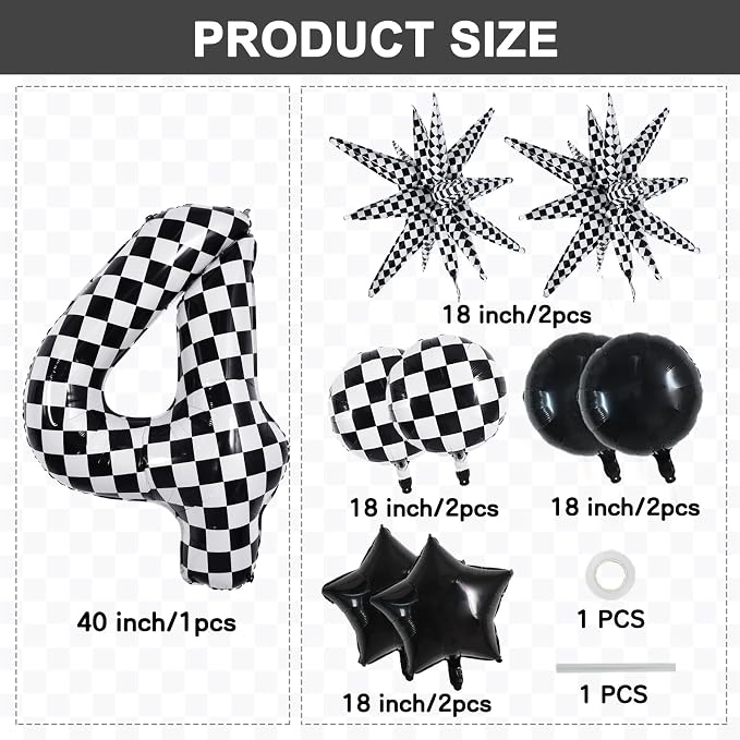 TONIFUL 4th Birthday Balloons Kit 40 Inch Checkered Number 4 Foil Balloon | - Image 2